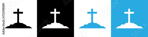 Easter vector illustration. Three crosses on a hill. He Is Risen vector icon. Calvary Cross icon.
