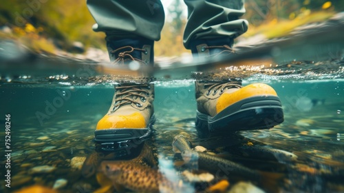 Underwater view of a person's feet in yellow boots with bubbles around, concept of unexpected or surreal situations. © Miodrag