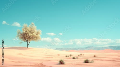Solitary Tree Amidst Desert Dunes Under Azure Sky