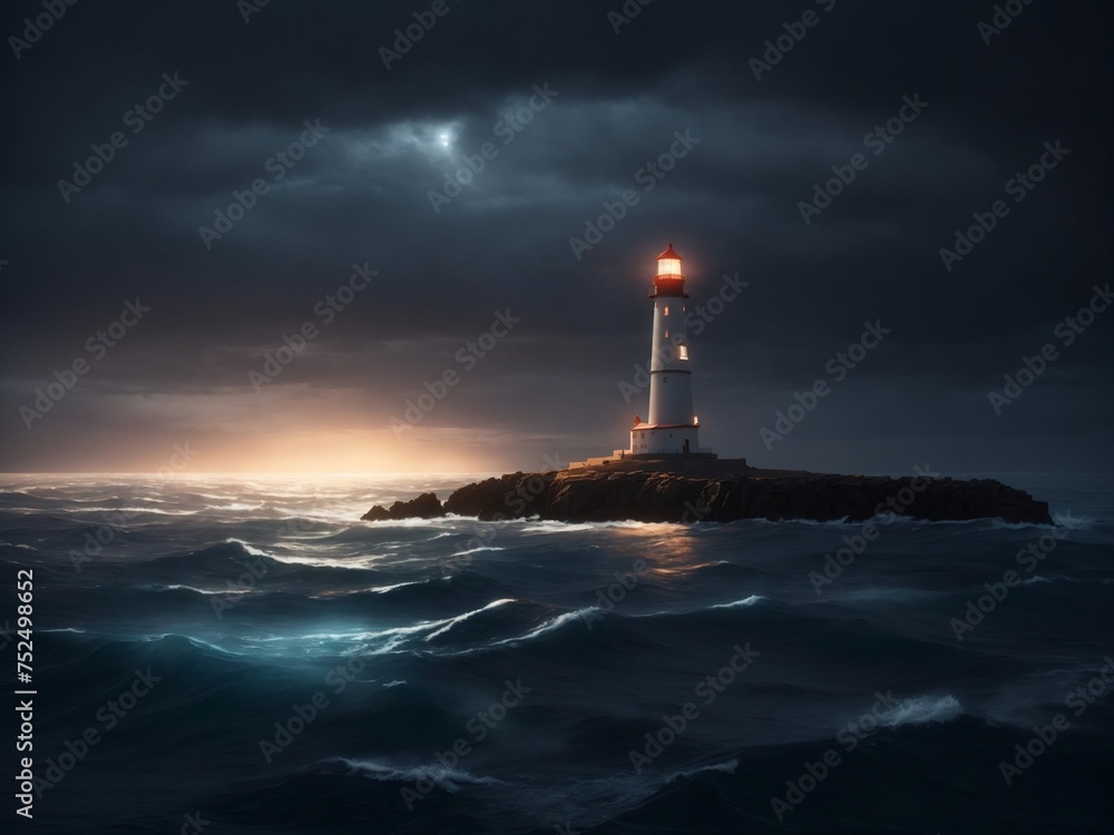 Isolation in the Infinite: AI-Enhanced Hyper-Realism Captures the Solitude of a Lighthouse, Emphasizing the Contrast Between Its Radiant Lights and the Vast, Dark Ocean as a Symbol of Resilience and G