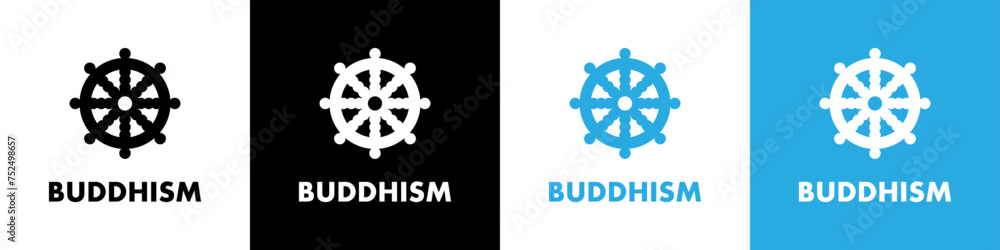 Dharmachakra icon or symbol. Dharma Wheel symbol in Buddhism. Black and white line icon. - obrazy, fototapety, plakaty 