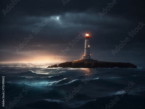 Isolation in the Infinite: AI-Enhanced Hyper-Realism Captures the Solitude of a Lighthouse, Emphasizing the Contrast Between Its Radiant Lights and the Vast, Dark Ocean as a Symbol of Resilience and G