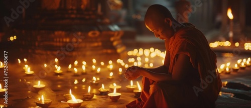 Monk meditating among candle lights with a temple in the background  conveying spirituality and peace