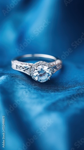 Jewelry diamond ring on blue satin background, shallow dof. Perfect for jewelry store advertisements or engagement-related content with Copy Space. © John Martin