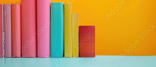 Colorful books standing upright on a blue surface against a yellow background.