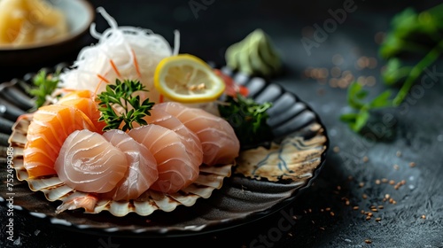 Sashimi sushi set with scallop on shell with daikon and lemon on plate on dark background