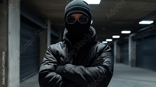 Unrecognizable person in dark clothing and sunglasses standing with arms crossed in a dimly lit urban underpass.