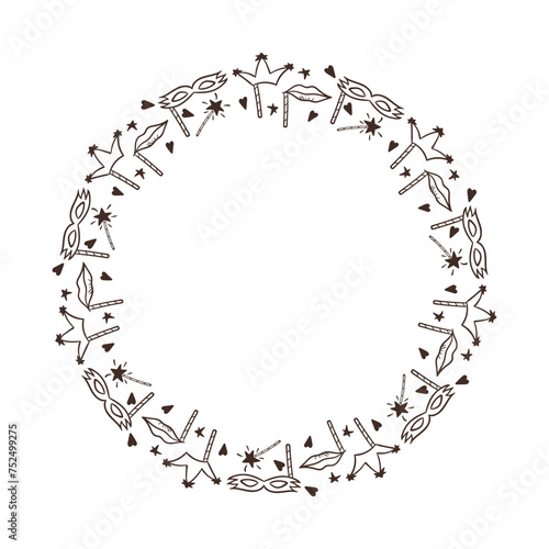 Hand drawn frame with  carnival mask, crown,  magic wand and  lips.  Holiday attributes for purim, photo props in doodle style. Vector Isolated illustration on a white background.