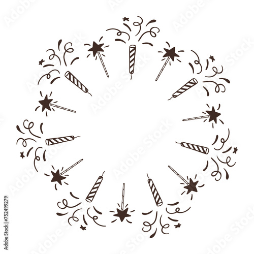 Hand drawn frame with stars and fireworks. Birthday clipart in doodle style. Vector Isolated illustration on a white background. Perfect for daily planner,  social media,  greeting card.