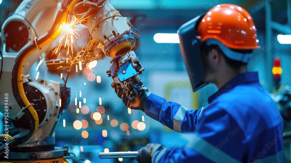 The robotic arm's efficient welding in a factory underscores the transformative impact of automation in industry. The robotic arm's efficient welding in a factory underscores the transformative impact of automation in industry.