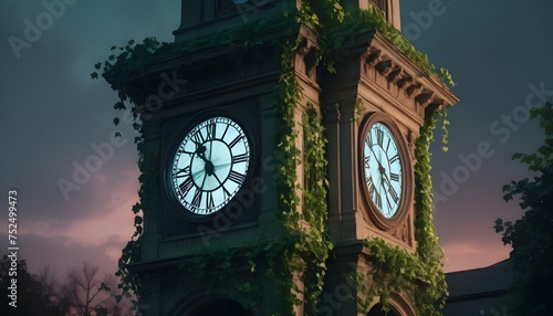 A Highly Realistic Vintage Photo Of A Clock Tower Entwined With Luminous Ivy  Its Leaves Flickering With Bioluminescent Light At Dusk (3)