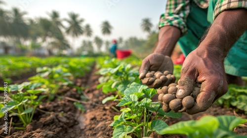 Farmer's hands planting seeds in fertile soil with green crops in the background.