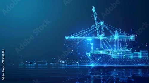 Trade port low poly wireframe banner template. Digital vector cargo ship, container, crane and warehouse in dark blue. Container ships, transportation, logistics, business, worldwide shipping concept