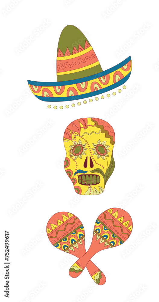 Bright colorful stylish vector illustration about Mexico. Traditional Mexican symbols Mexican skull, sombrerero, maracas isolated on white background. Flat design. Hand-drawnd. Vector illustration.