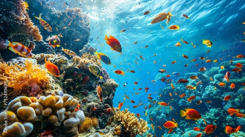 Tropical sea underwater fishes on coral reef. Aquarium oceanarium wildlife colorful marine panorama landscape nature snorkel diving