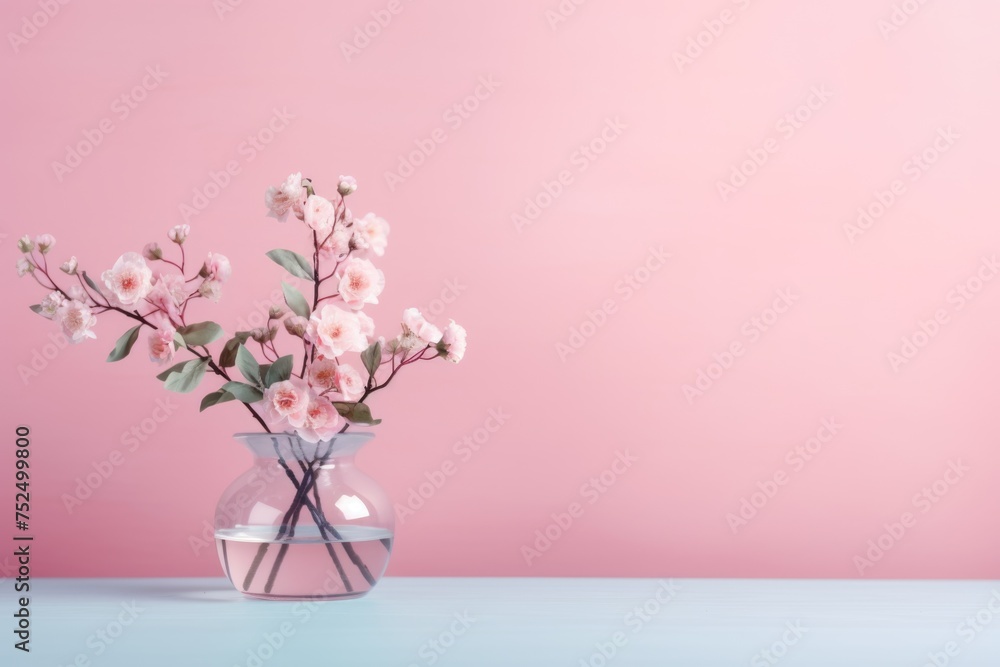 Cherry blossom flowers in vase on light pink background. Greeting card template for wedding, Mother's or Women's day. Springtime composition with copy space. Flat lay, top view