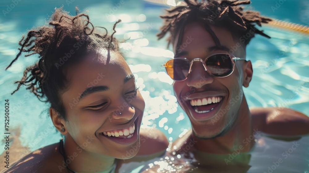 Happy young couple enjoying a sunny day in the pool, smiling with sunglasses on. Happy young couple enjoying a sunny day in the pool, smiling with sunglasses on.