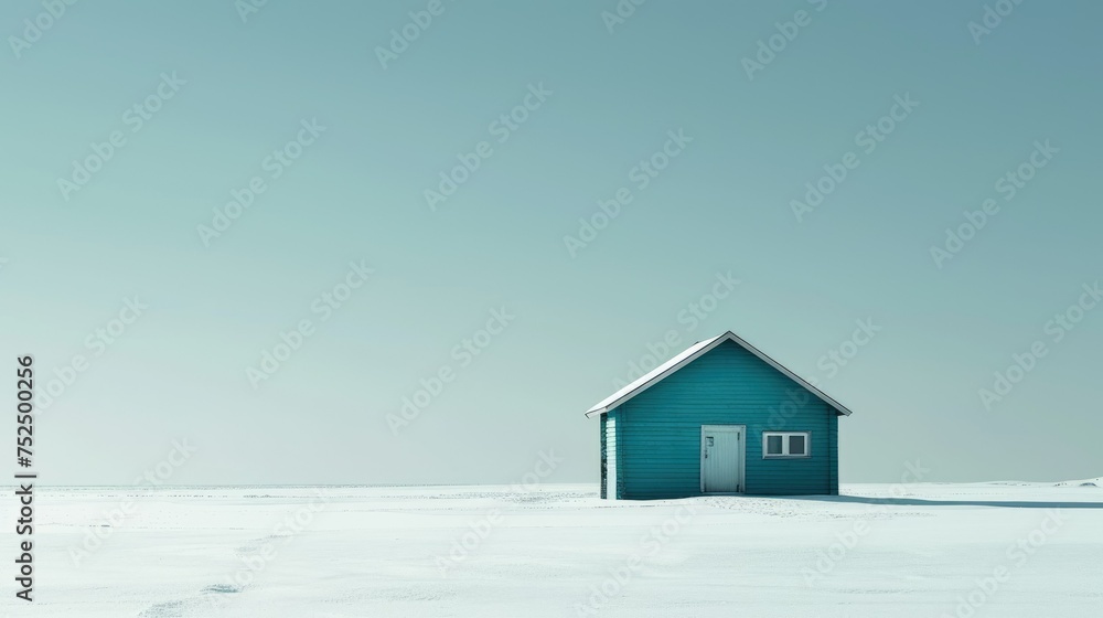 Minimalist winter scene with a solitary blue house surrounded by a vast snowy landscape under a clear sky.