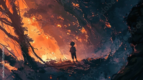 A figure stands in a burning forest, surrounded by trees and rocks. The sky is orange and black.