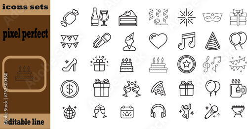 Party thin line icon set. Outline symbol collection. Editable vector stroke. 256x256 Pixel Perfect scalable