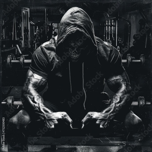 strong body skull in hoodie sitting on bench press, with big biceps at gym,
