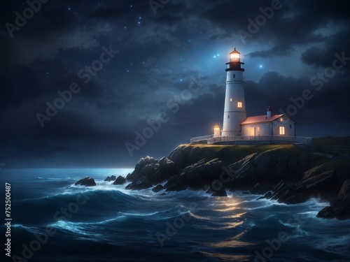 Nocturnal Nautical Symphony: AI-Infused Hyper-Realism Conjures a Mesmerizing Night Scene, Enhancing the Drama of a Lighthouse's Glow Over the Dark Ocean, Illuminating a Boat's Journey with Subtle Cele © Chathura