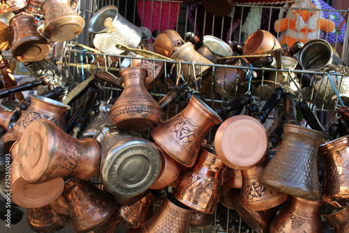 Close-up of vintage silver and copper coffee pot. Turkey, istanbul Grand Bazaar
