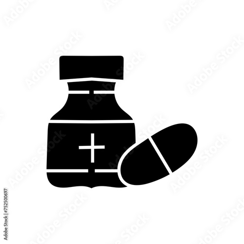 Medicine bottle with tablet line and flat style hand drawn icon