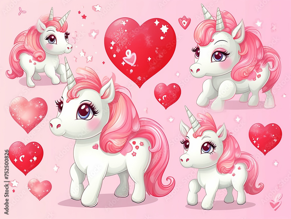 Set of cute pink unicorns with hearts love vector illustration