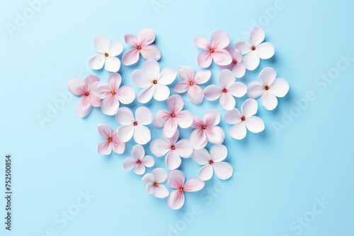Heart made of cherry flowers on light blue background. Greeting card template for wedding, Mother's or Women's day. Springtime composition/ Love and romantic concept photo
