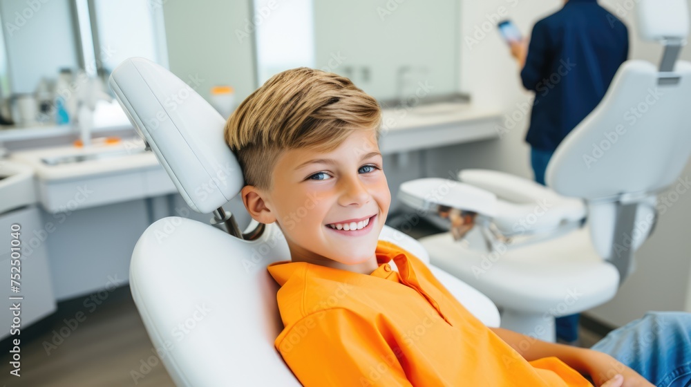 Grinning brightly, a boy in a dentist's chair showcases his beautiful teeth, radiating joy and dental wellness with a confident smile. Grinning brightly, a boy in a dentist's chair showcases his beautiful teeth, radiating joy and dental wellness with a confident smile.