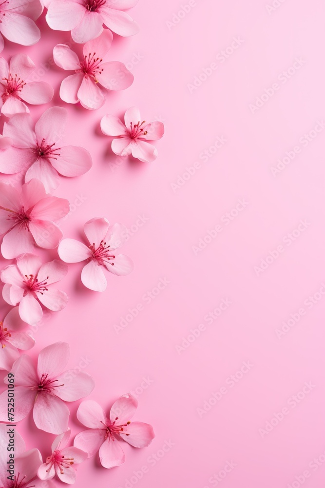 Banner with flowers on pink background. Greeting card template for wedding, Mother's or Women's day. Springtime composition with copy space. Flat lay, top view