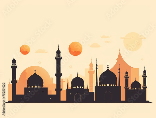 Arabic architecture silhouette. Mosque roof, islamic cityscape panorama and minaret skyline silhouettes. vector illustration set. Architecture silhouette, arabic mosque