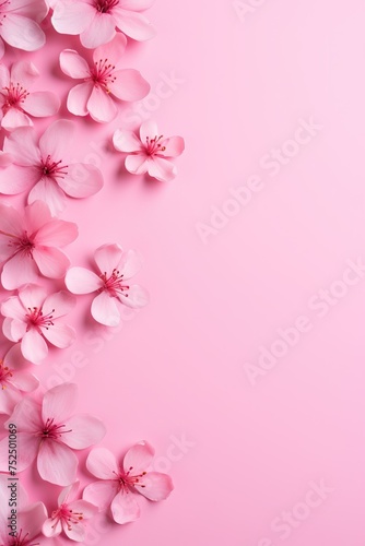 Banner with flowers on pink background. Greeting card template for wedding, Mother's or Women's day. Springtime composition with copy space. Flat lay, top view © ratatosk