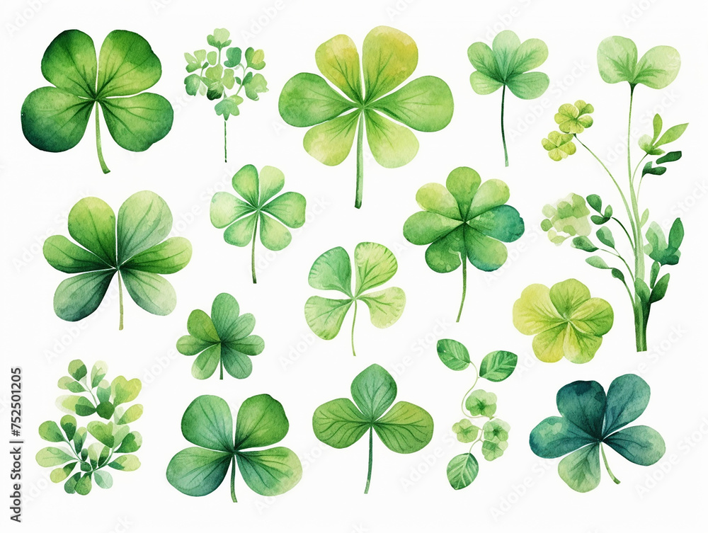 Set of watercolor clover isolated on white background. Clover flowers St Patrick's Day background. Spring flower pattern