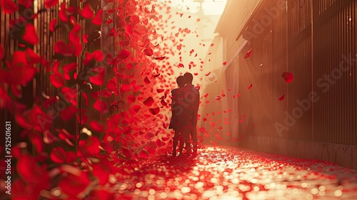 tender scene depicted by a strip of radiant red rose petals strewn randomly.