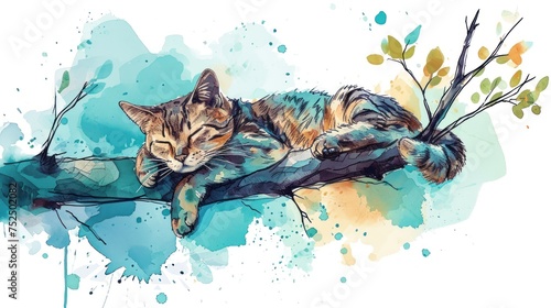 A cat sleeping on a tree branch with colorful blue and green paint splatters as the background.