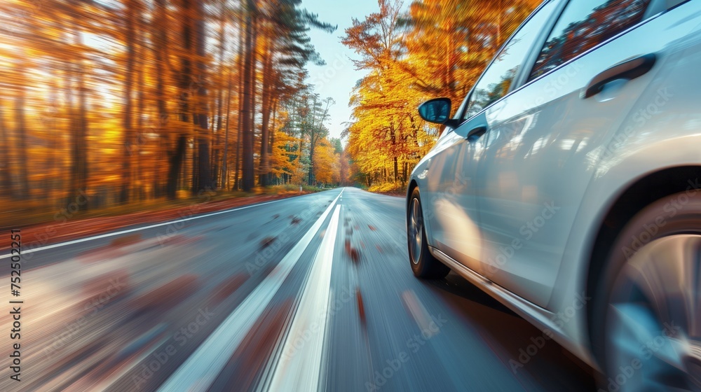 Samochód porusza się po drodze otoczonej jesiennym lasem, gdzie w tle widoczne są drzewa. Scena ukazuje dynamikę ruchu na drodze w otoczeniu przyrody. - obrazy, fototapety, plakaty 