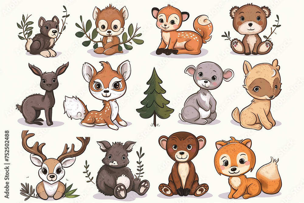 Set with cute woodland forest animals in cartoon style. Ideal kids design, for fabric, wrapping, textile, wallpaper, apparel on isolated white background Set with cute woodland forest animals in cartoon style. Ideal kids design, for fabric, wrapping, textile, wallpaper, apparel on isolated white background