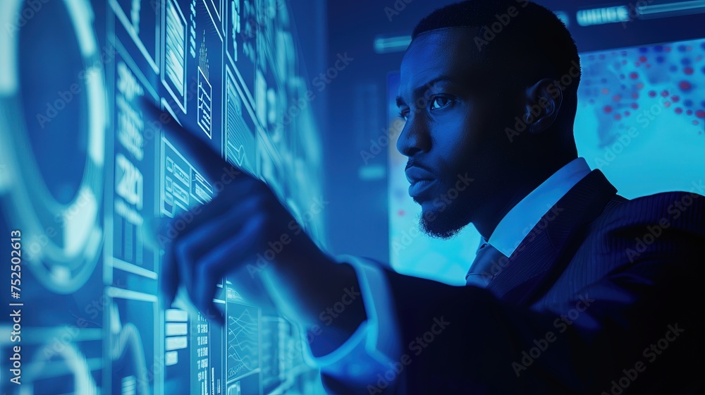 Czarny mężczyzna w garniturze wskazuje na wskaźniki analityczne na ekranie. Niebieskie - obrazy, fototapety, plakaty 