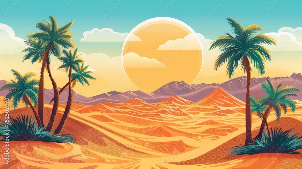 illustration capturing the peaceful essence of a desert landscape, featuring sandy dunes and palm trees.