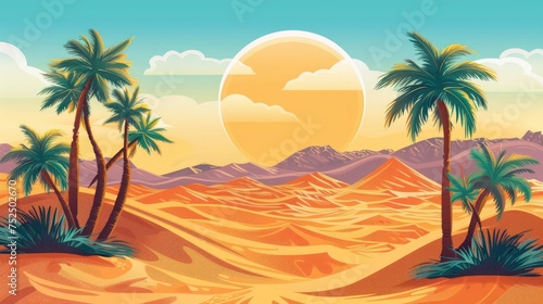 illustration capturing the peaceful essence of a desert landscape  featuring sandy dunes and palm trees.