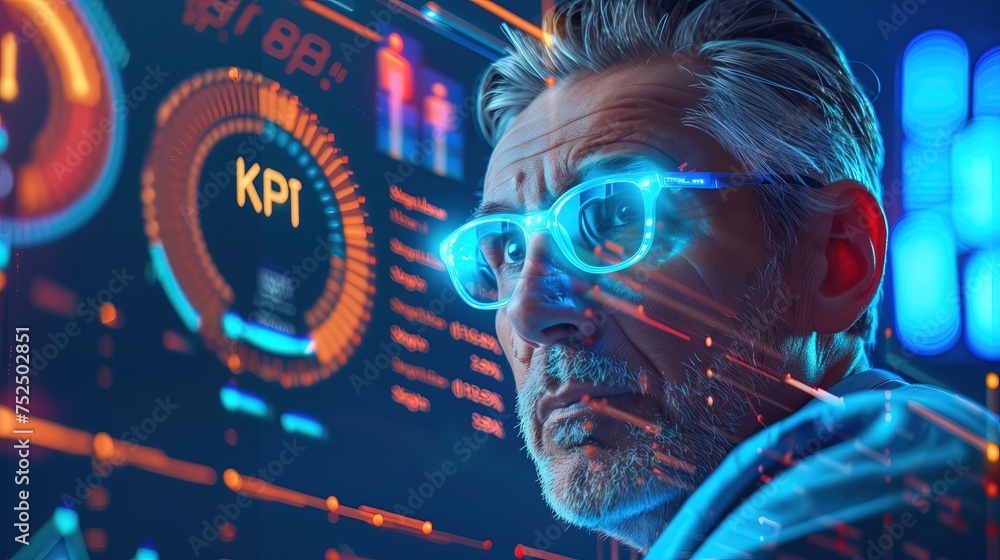 Mężczyzna z futurystycznymi neonowymi okularami stoi przed wskaźnikami KPI - obrazy, fototapety, plakaty 