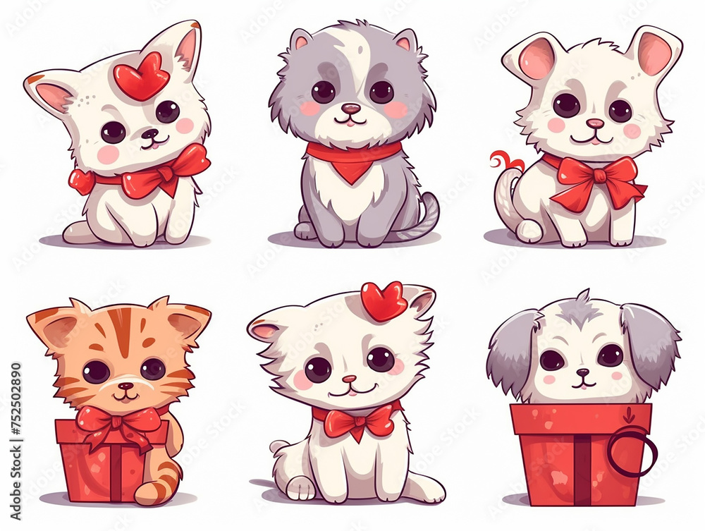 Cute cats and dogs doodle for valentine vector set. Cartoon dog or ...