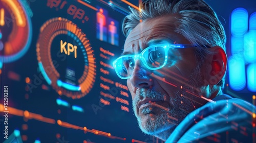 Mężczyzna z futurystycznymi neonowymi okularami stoi przed wskaźnikami KPI photo