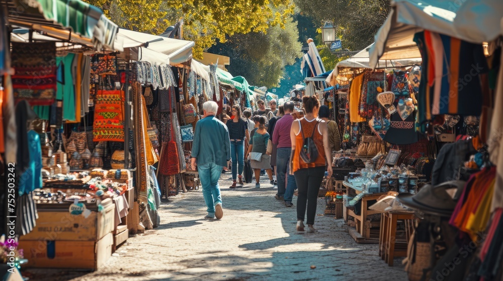 Visitors wander among colorful stalls under a blue sky in an outdoor market, exploring a variety of local goods and souvenirs. Resplendent.