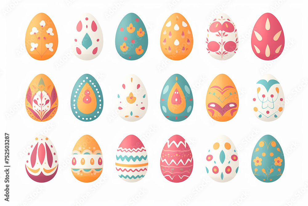 Set of colorful flat design doodle Happy Easter Eggs vector illustrations of bunnies, rabbits icons, decorated with flowers