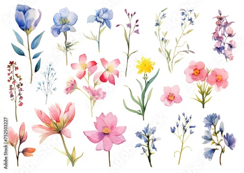 Wildflowers on white background  field flowers plants  botanical watercolor collection of elements to create collage or design  cards or invitations  illustration Generative AI