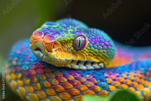 Colorful fantasy multicolored snake close up, snake curled up