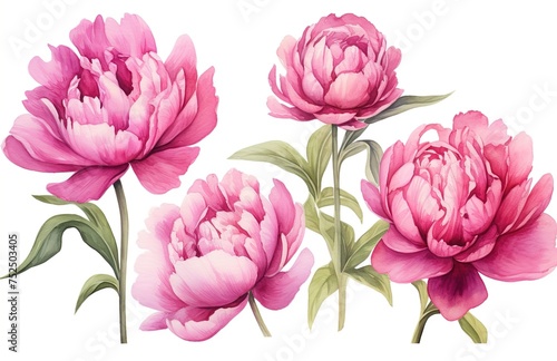 Watercolor pink peonies and green leaves, illustration for decor of cards and invitations, textile, wallpaper Generative AI